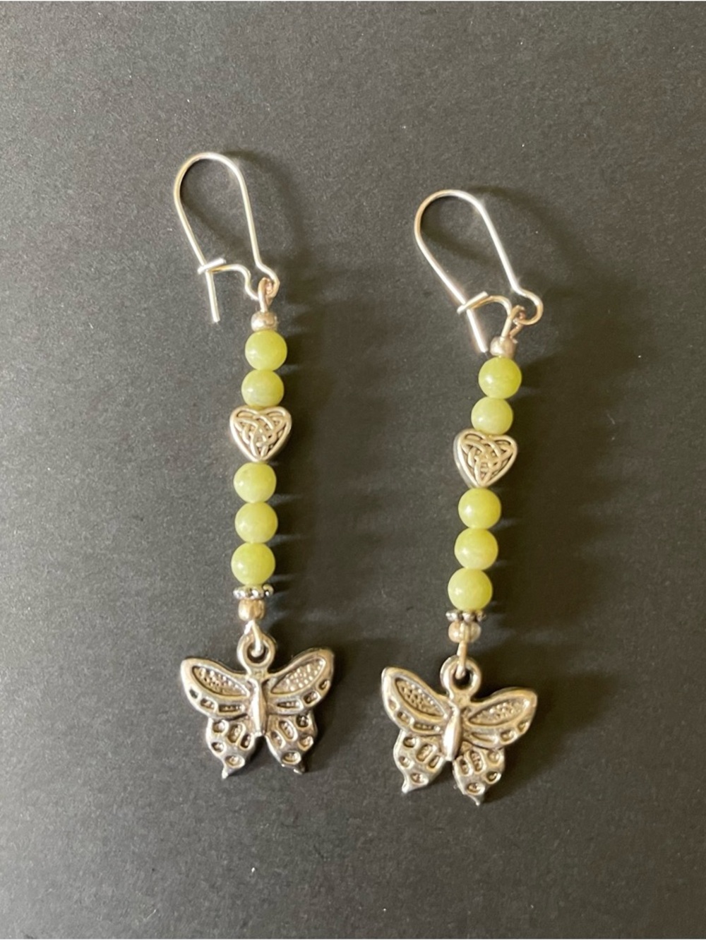 Silver Butterfly Drop Earrings with Light Green Jasper Beads